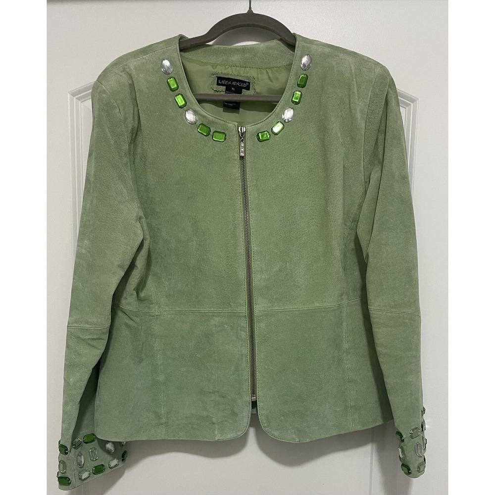 Karen Arnold Jacket Women XL Green Genuine Leather Suede Jewel Embellished Zip